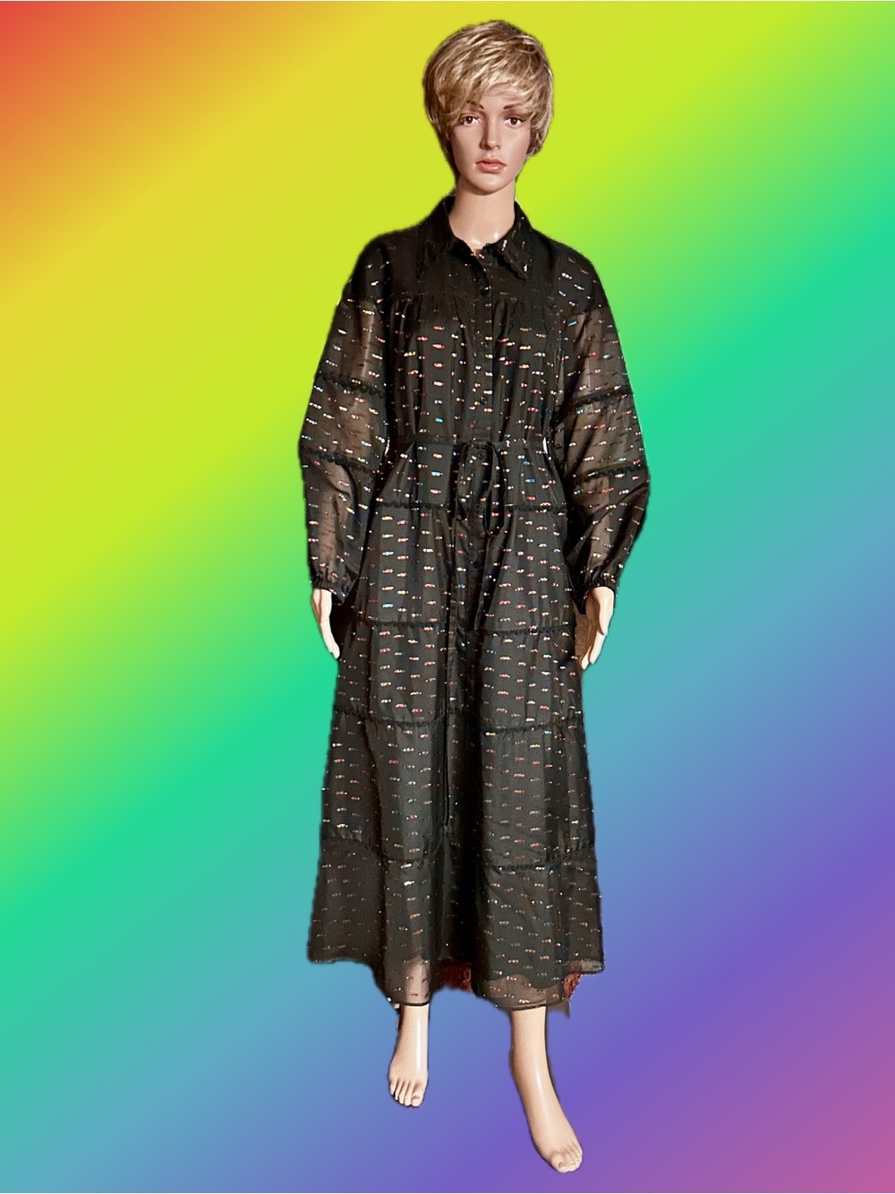 Alden Adair ~ Medium ~ Black W/ Multi-Colors Metallic Shiny Thread Ruffled Dress